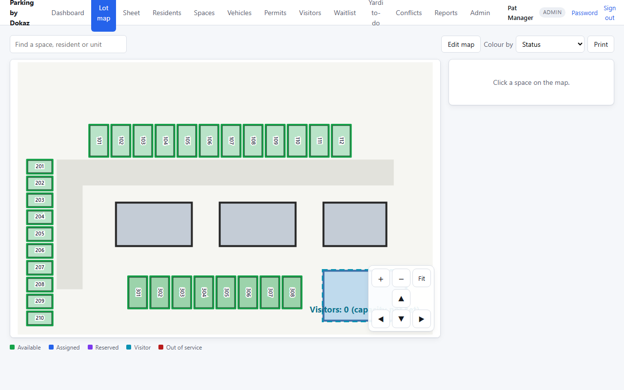 A sample property's parking map in Parking by Dokaz, with stalls coloured by status